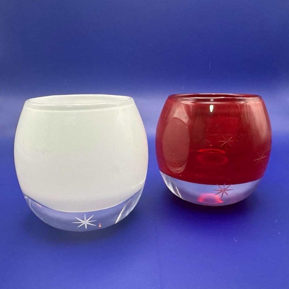 2 Crate & Barrel Star Etched Glass Candle Holders, Christmas, Holiday